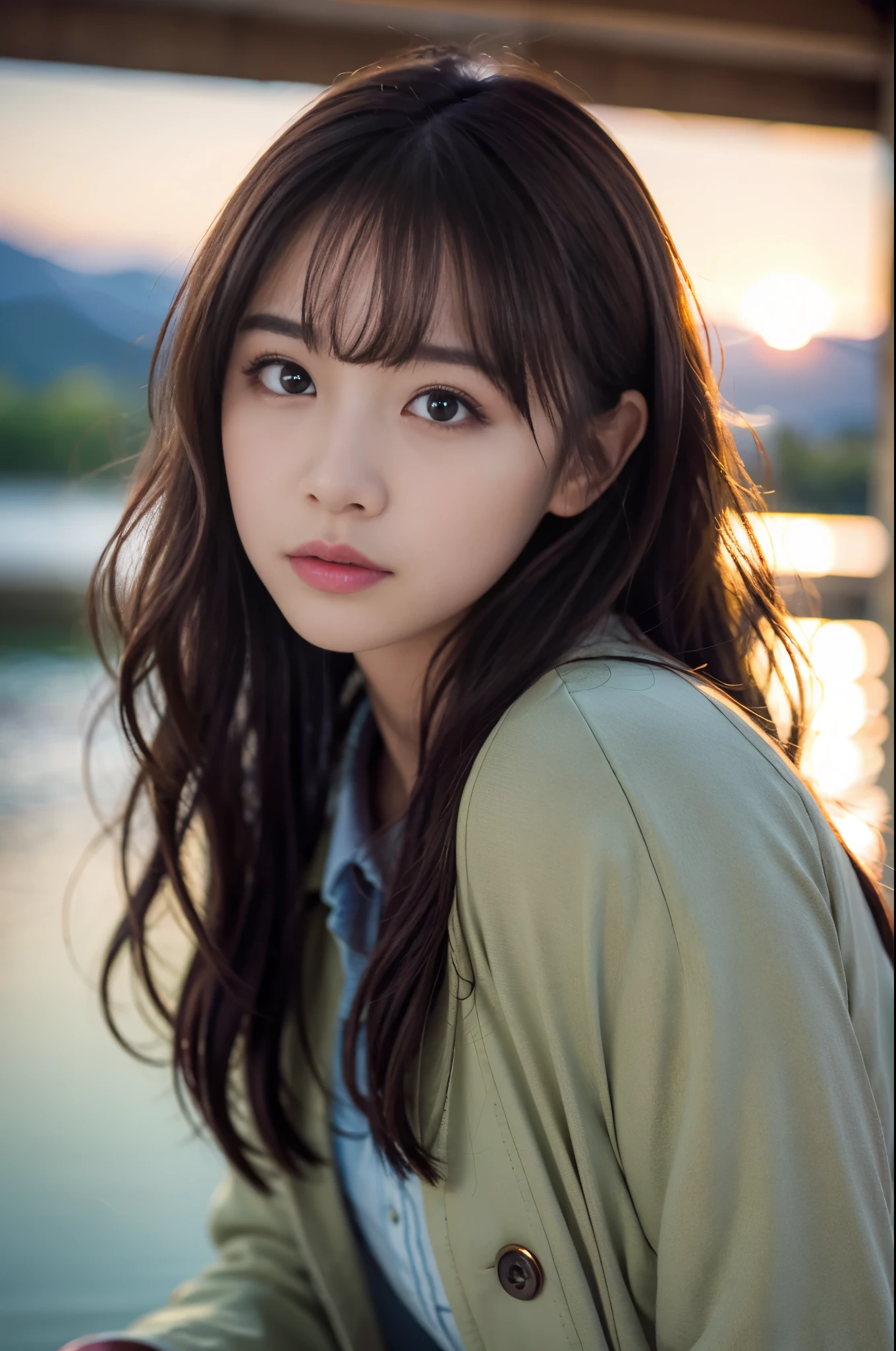  (8K, RAW photo, highest quality, masterpiece:1.3), (realistic, photo-realistic:1.4), (Highly detailed 8K wallpaper), sharp focus, Depth of written boundary,
 japanese idol,very cute, (coat:1.3),(long hair: 1.3), Upper body, highly detailed face and eyes,((shiny skin:1.2)), cinematic lighting, soft light, blur background,(Mountains bathed in the morning sun with a lake in the foreground)