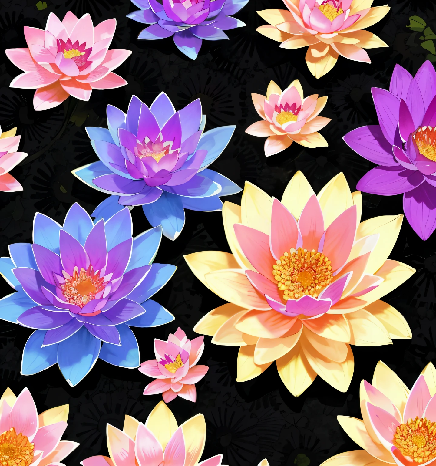 a close up of a bunch of flowers on a black background, lily flowers. 8 k, lotus flowers, magical colorful flowers, dark flower pattern wallpaper, phone wallpaper, detailed flowers, floral flowers colorful, colored flowers, with lotus flowers, brightly colored flowers, beautiful iphone wallpaper, amoled wallpaper, lotuses, colorful flowers, lotus flower, mobile wallpaper