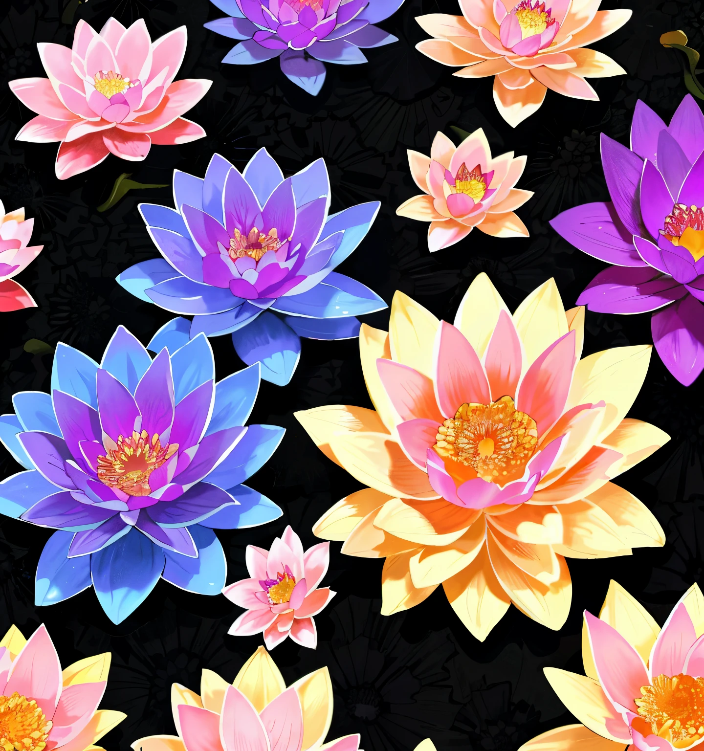 a close up of a bunch of flowers on a black background, lily flowers. 8 k, lotus flowers, magical colorful flowers, dark flower pattern wallpaper, phone wallpaper, detailed flowers, floral flowers colorful, colored flowers, with lotus flowers, brightly colored flowers, beautiful iphone wallpaper, amoled wallpaper, lotuses, colorful flowers, lotus flower, mobile wallpaper