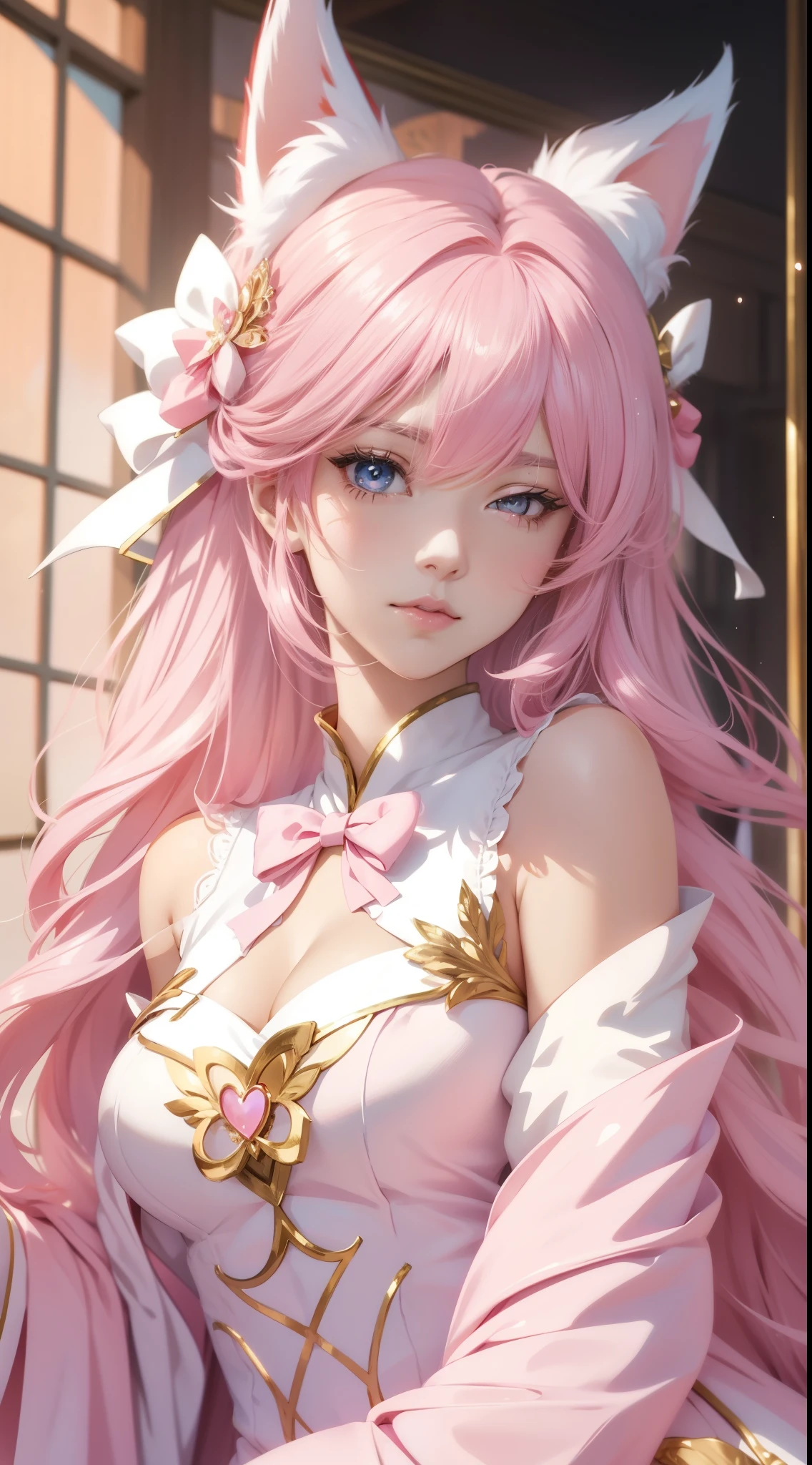 Anime girl pink hair white bow, , Beautiful character painting, , Stunning anime face portrait, handsome royal sister fox ears
