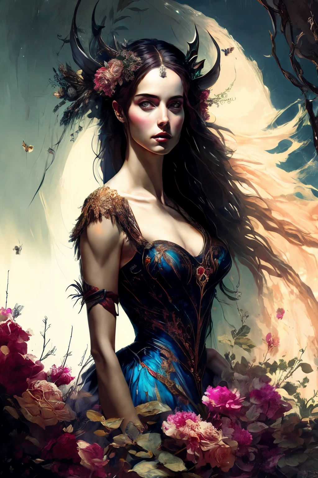 Beautiful chiaroscuro painting of a seductive Succubus in perfection, small horns adorn her forehead, her full figure is captured in all its shapely glory, her long hair, shapeless yet mesmerizing, frames her perfect features. She wears a revealing Rococo style evening dress that clings to her form, emphasizing her ethereal beauty. The painting is a collaborative work by Carne Griffiths, Wadim Kashin (Concept Art), and is titled "Near Perfection: The Pure Form of a Succubus," showcasing abstract beauty and stand-alone perfection. The background is an intricately designed ethereal scene,
