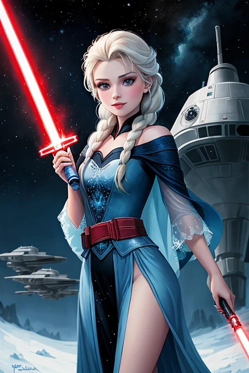 Disney princess from Frozen dressed in Sith clothes and holding a red lightsaber in her hands