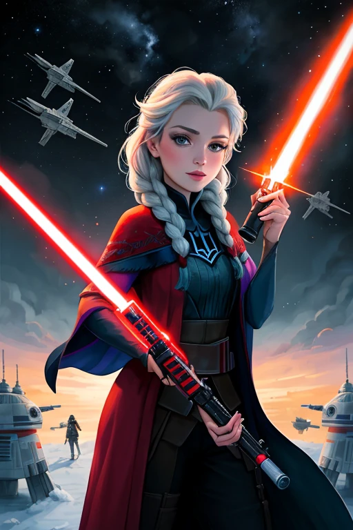 Disney princess from Frozen dressed in Sith clothes and holding a red lightsaber in her hands