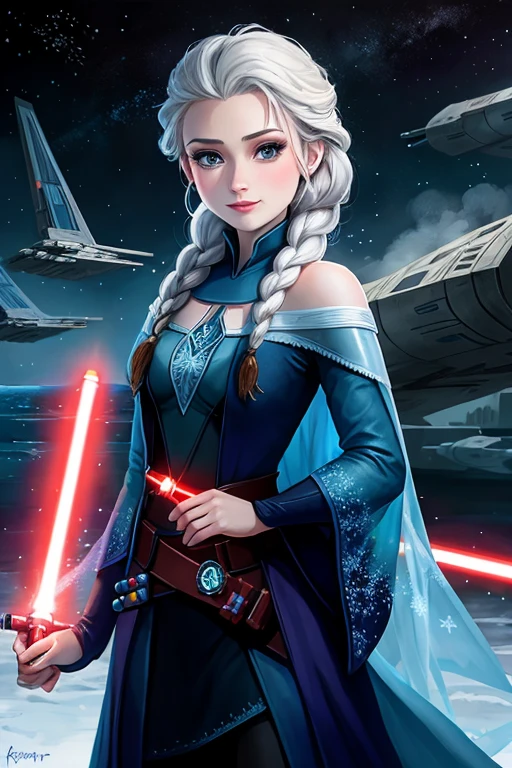 Disney princess from Frozen dressed in Sith clothes and holding a red lightsaber in her hands