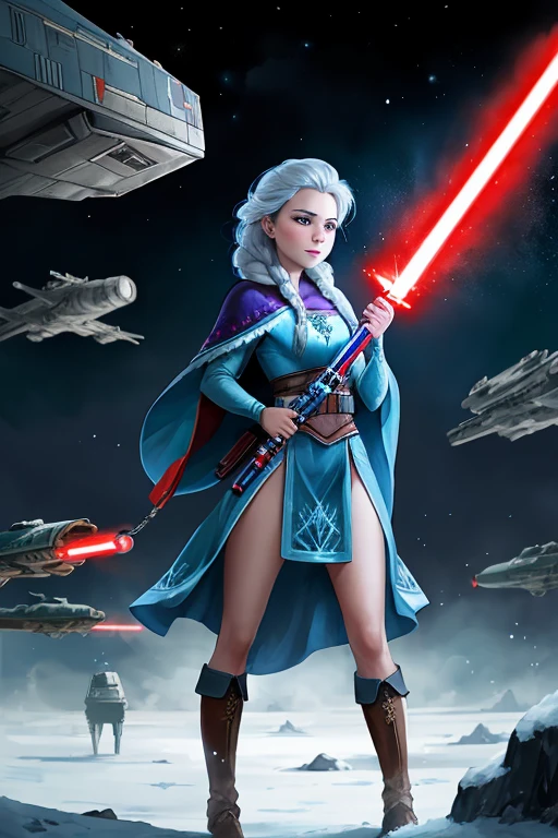 Disney princess from Frozen dressed in Sith clothes and holding a red Star Wars style lightsaber in her hands, with war spaceships in the background
