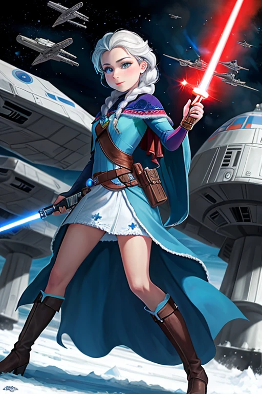 Disney princess from Frozen dressed in Sith clothes and holding a red Star Wars style lightsaber in her hands, with war spaceships in the background