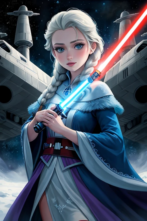 Disney princess from Frozen dressed in Sith clothes and holding a red Star Wars style lightsaber in her hands, with war spaceships in the background