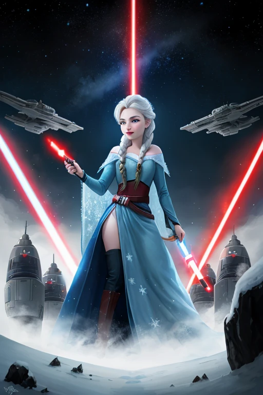 Disney princess from Frozen dressed in Sith clothes and holding a red Star Wars style lightsaber in her hands, with war spaceships in the background