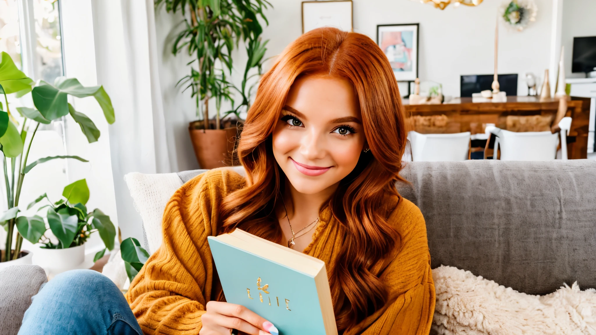 selfie ,of a cute happy, luxury ,rich girl, business woman ,holding a book, presenting a book, showing a book, redhead , brown honey eyes girl, American girl ;, in a bright living room , youtuber ambiance, influencer.