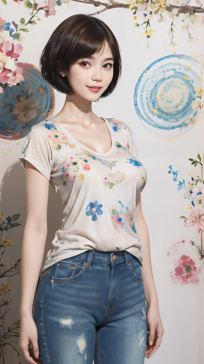 156
(Shorthair:1.46), (a 20 yo woman, standing), (A hyper-realistic), (Masterpiece), (8KUHD), (gentle smile), Slender waist, Wearing jeans, ((Floral Clothing - T-Shirts)), Wearing long pants, abstract splash painting, (doodle:1.46), (breasts:1.46), (口紅)