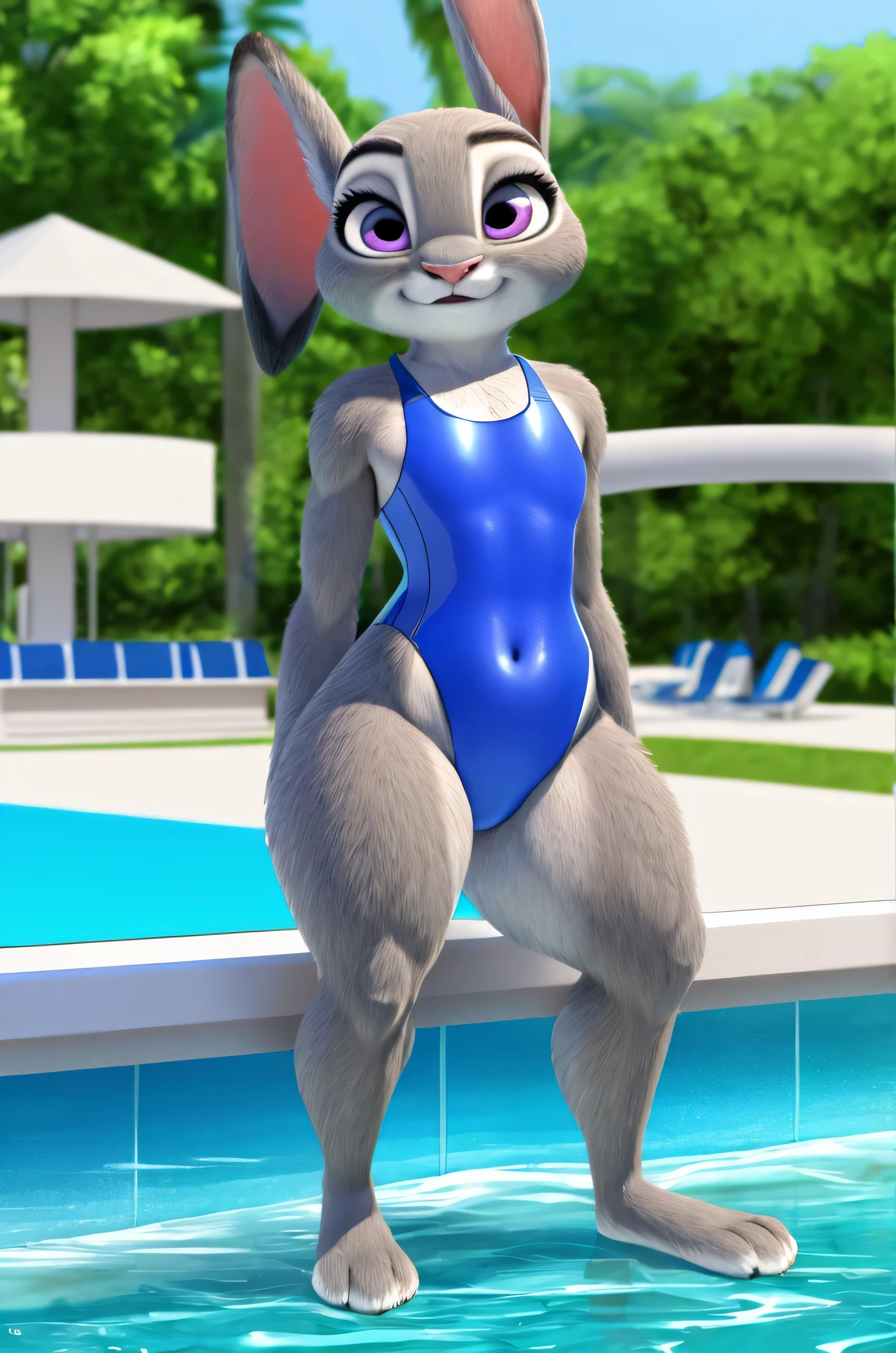 judy hopps,realistic swimsuit,piernas gruesas, muslos gruesos,Ultra realistic graphics, piel peluda,At the water park,piernas abiertas,piernas gruesas and paws,ver la entrepierna,