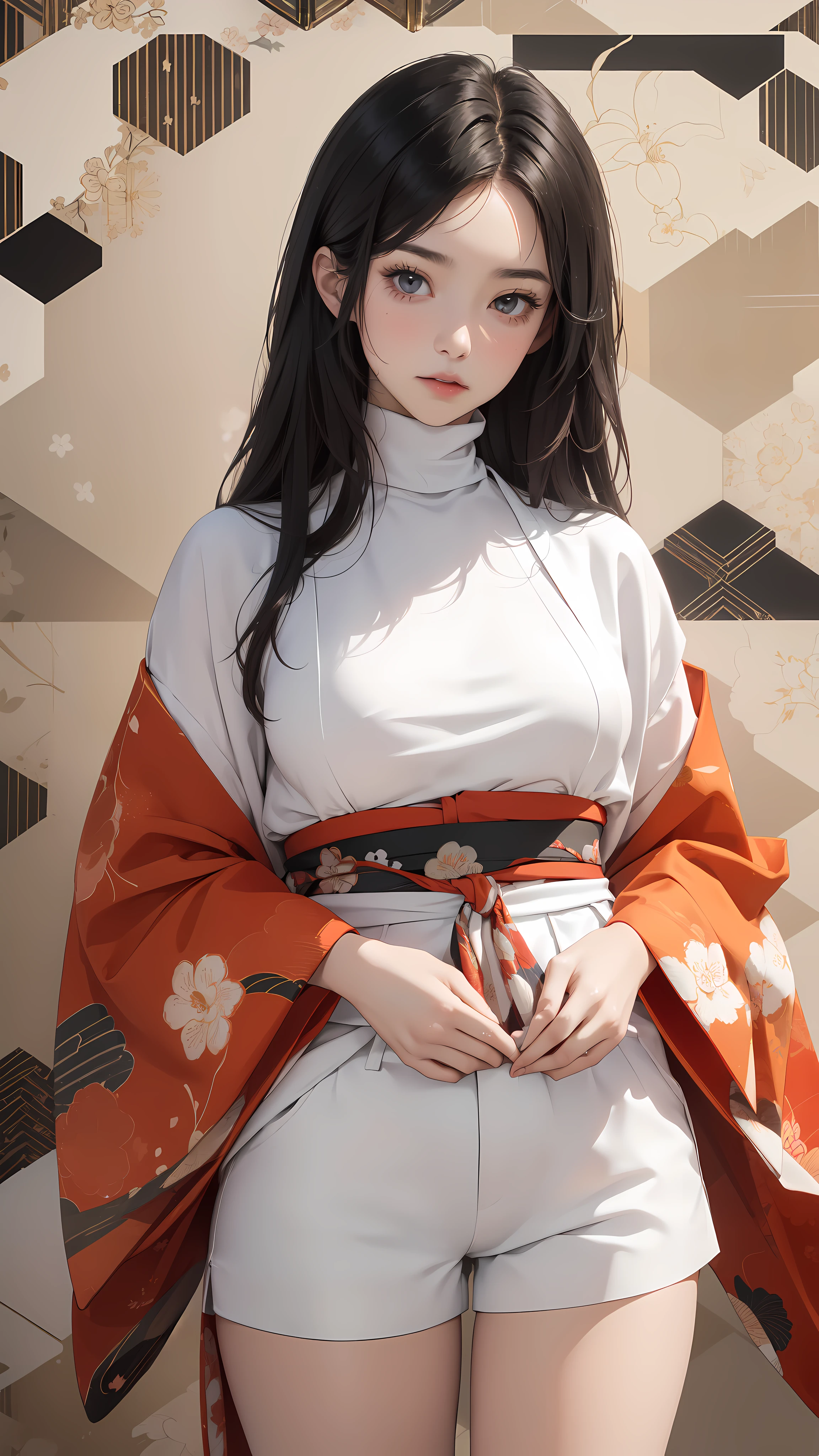 ((8k wallpaper of extremely detailed CG unit, masterpiece, hight resolution, top-quality, top-qualityのリアルテクスチャスキン)), (very beautiful and attractive woman, The upper part of the body, Landscape composition, Pose like a model with your hands in your pockets:1.5, Wear a Japanese-patterned haori over a turtleneck:1.2, Japanese pattern micro mini shorts:1.2), (messy black hair, Plump lips, de pele branca, small tit), (((Colorful background with geometric patterns, Japanese pattern background, warm color))), (high-angle:1.1), (hyper realisitic, digitial painting),