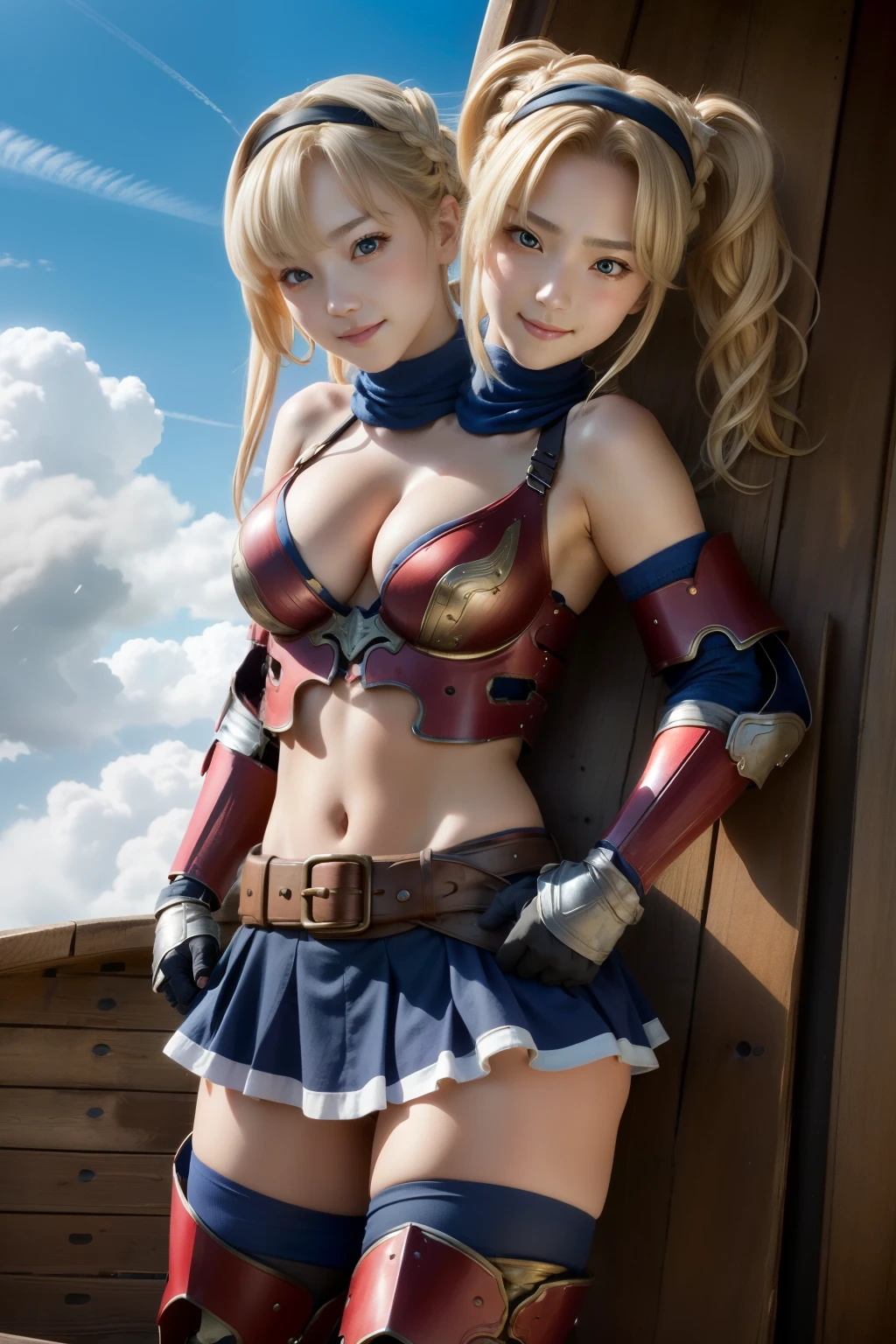 2heads, zetadef, braid, hair intakes, twintails, hairband, red armor, shoulder armor, skirt, thighhighs, gauntlets, belt, midriff, cleavage, smug face, on the deck of a wooden airship flying, blue sky, clouds, photograph, realistic, beautiful, absurdres, high quality, 4k, 8k, 1girl, solo, dynamic angle, arms folded, standing, ((close-up)), ((half-body shot))