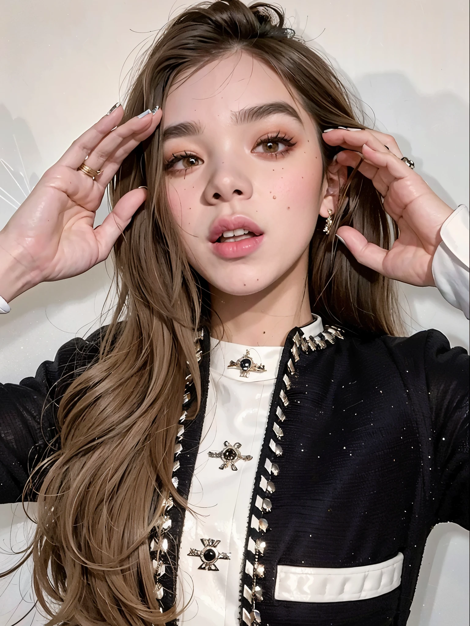 Mujer arafed con pelo largo y una chaqueta blanca y negra., sydney sweeney, hailee steinfeld, Retrato de Sophie Mudd, nodded, cara como ester exposito, estilo de julia razumova, mirada sensual, Hailee Steinfeld, coco chanel, marca chanel, luxury