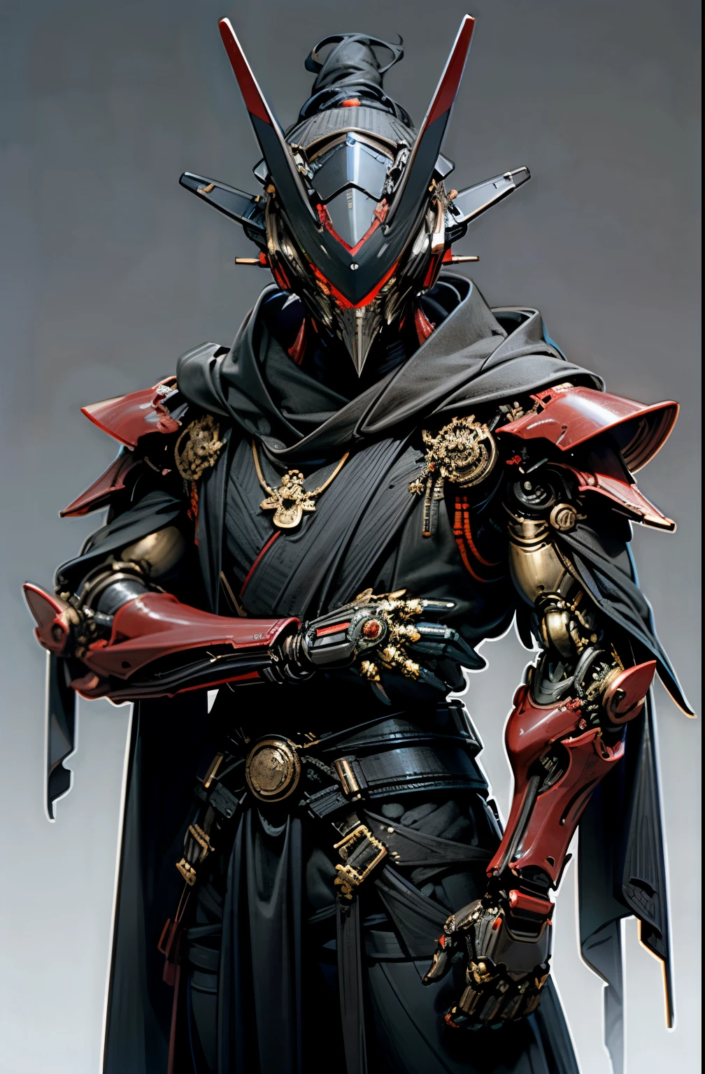 Dark_Fantasy,Cyberpunk,1manMechanical marvel,Robotic presence,Cybernetic guardian, samurai mechanical armour, katana on the waist, absolutely stunning art,wearing a black cloak, highest quality art, highest resolution, hyper detailed,black and red, futuristic, samurai robot, atmospheric,8k,64k, HD, unparalleled masterpiece, dynamic lighting, cinematic, epic