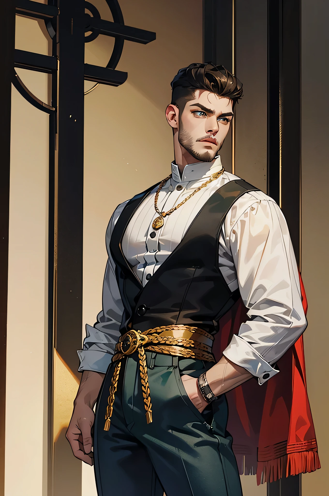 Dressed in fancy clothes consisting of a brown jaguar painted jacket、Close up of green eyed caucasian man with red beard and bald head, White tank top underneath the jacket, dark gray jeans with a black belt at the waist, brown shoes with gold toe caps. He also、Two gold chain necklaces around the neck、She wears a long necklace with three round black pendants in the center. Tekken African American Character, dark green eyes, undercut hairstyle, half body close up shot, male character, only