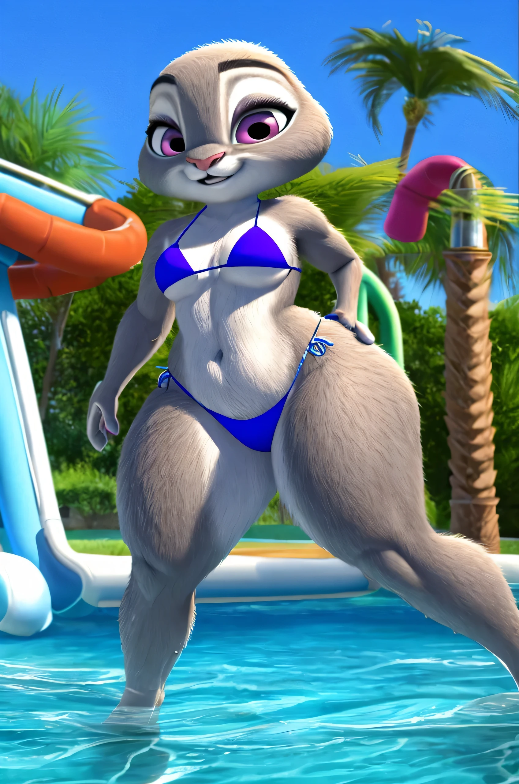 judy hopps,bikini realista,piernas gruesas, muslos gruesos,Ultra realistic graphics, piel peluda,At the water park,