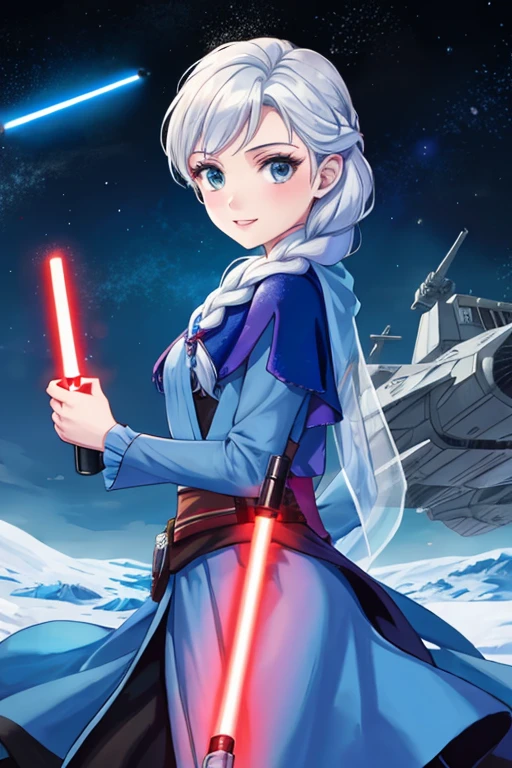 Disney princess from Frozen dressed in Sith clothes and holding a red Star Wars style lightsaber in her hands, with war spaceships in the background