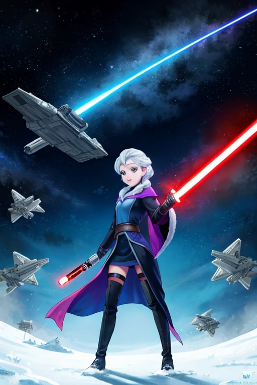 Disney princess from Frozen dressed in Sith clothes and holding a red Star Wars style lightsaber in her hands, with war spaceships in the background