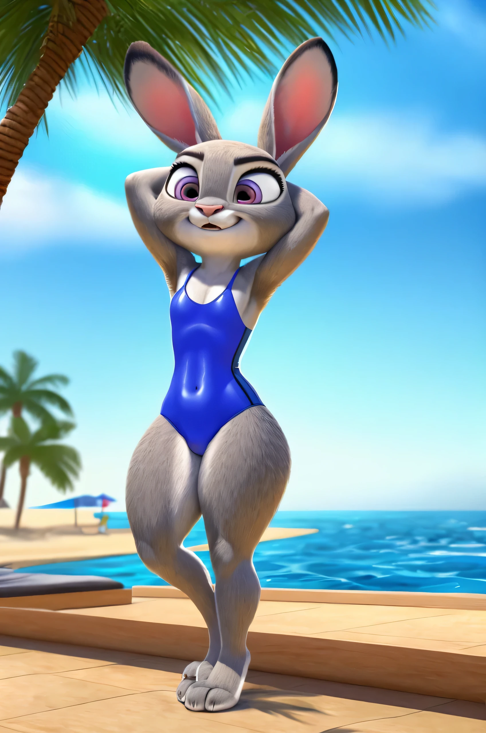 judy hopps,realistic swimsuit,piernas gruesas, muslos gruesos,Ultra realistic graphics, piel peluda,At the water park,piernas abiertas,mostrando su entrepierna

