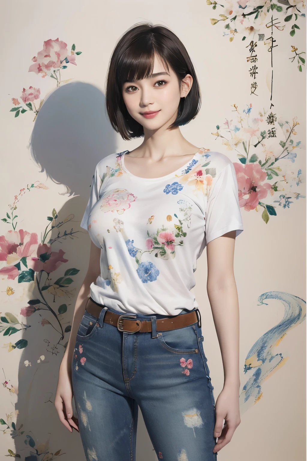 156
(Shorthair:1.46), (a 20 yo woman, standing), (A hyper-realistic), (Masterpiece), (8KUHD), (gentle smile), Slender waist, Wearing jeans, ((Floral Clothing - T-Shirts)), Wearing long pants, abstract splash painting, (doodle:1.46), (breasts:1.46), (口紅)