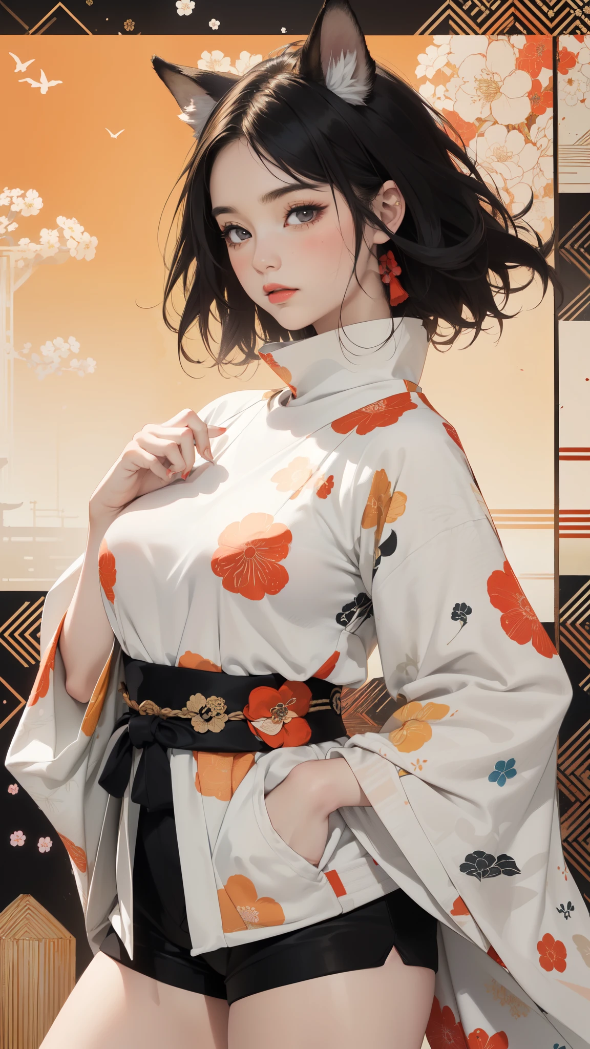 ((8k wallpaper of extremely detailed CG unit, masterpiece, hight resolution, top-quality, top-qualityのリアルテクスチャスキン)), (very beautiful and attractive woman, The upper part of the body, Landscape composition, Pose like a model with your hands in your pockets:1.5, Wear a Japanese-patterned haori over a turtleneck:1.2, Japanese pattern micro mini shorts:1.2), (messy black hair, Plump lips, de pele branca, medium breast), (((Colorful background with geometric patterns, Japanese pattern background, warm color))), (high-angle:1.1), (hyper realisitic, digitial painting), Fox's ears, fluffy ears,