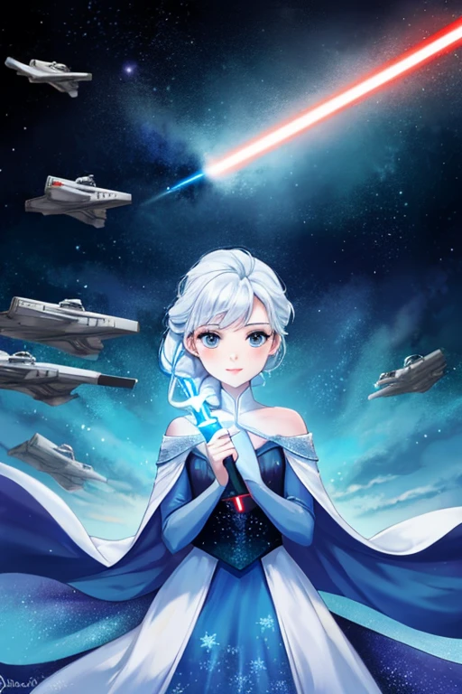 Disney princess from Frozen dressed in Sith clothes and holding a red Star Wars style lightsaber in her hands, with war spaceships in the background