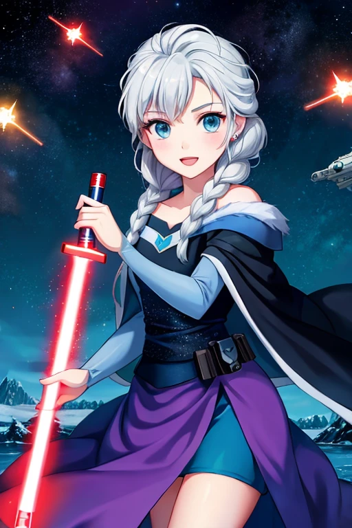 Disney princess from Frozen dressed in Sith clothes and holding a red Star Wars style lightsaber in her hands, with war spaceships in the background