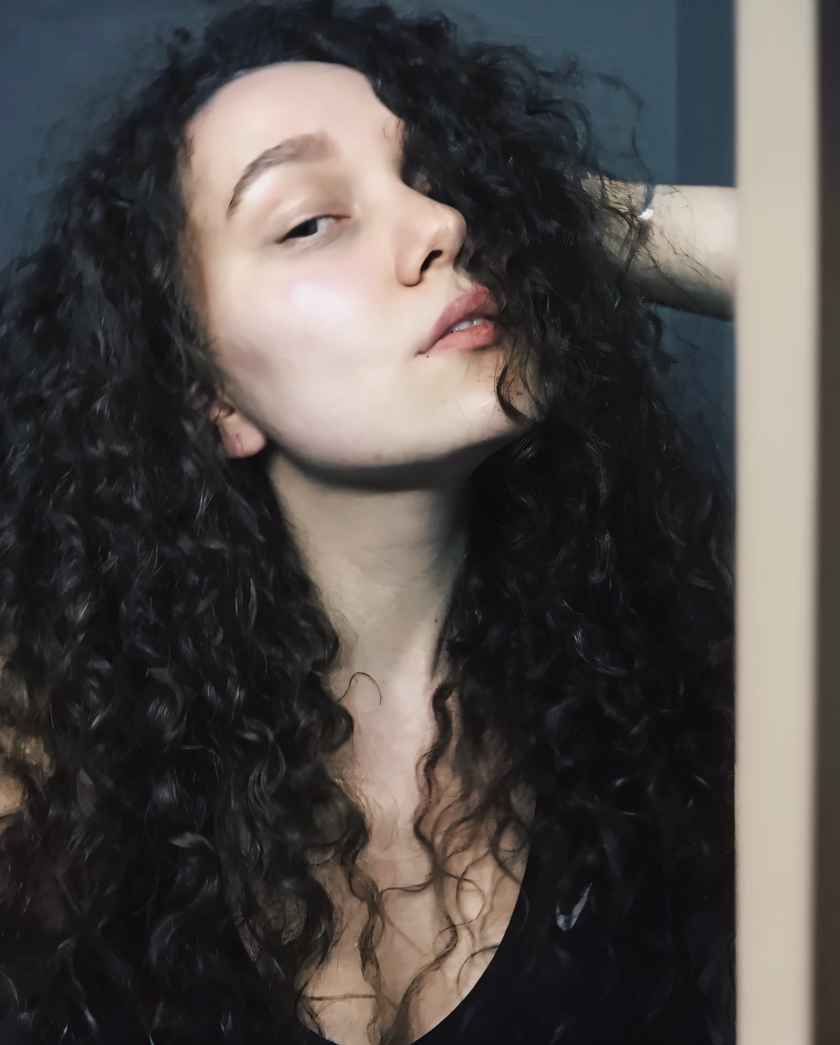 arafed woman with long Кудрявый hair brushing her hair, messy Кудрявый hair, Кудрявый haired, без макияжа волнистые волосы, Кудрявый dark hair, Кудрявый hair, long messy Кудрявый hair, Кудрявый, her face framed with кудри, long dark Кудрявый hair, with long Кудрявый hair, long Кудрявый hair, with long Кудрявый, кудри, long wild black Кудрявый hair, fair Кудрявый hair