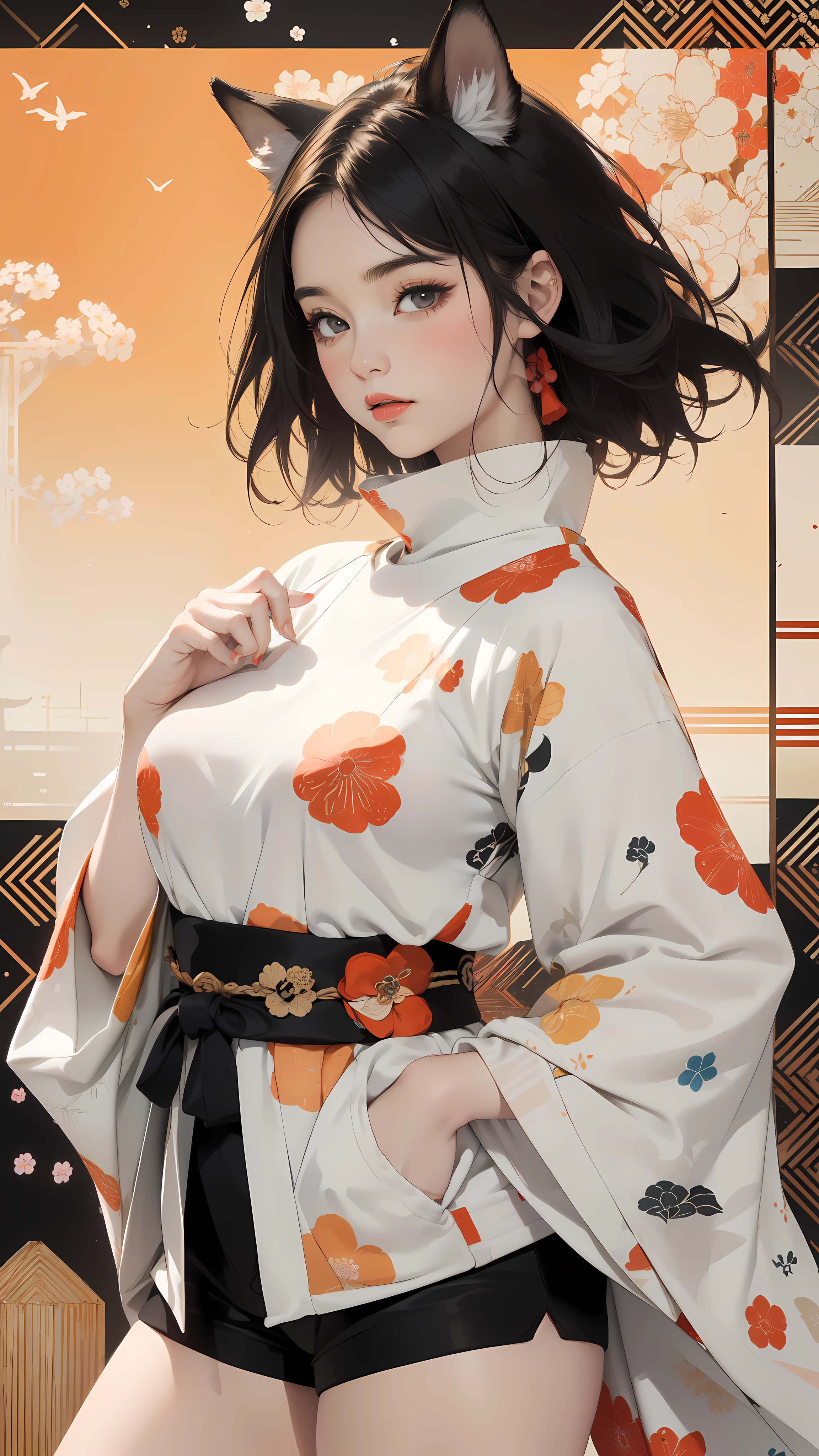 ((8k wallpaper of extremely detailed CG unit, ​masterpiece, hight resolution, top-quality, top-qualityのリアルテクスチャスキン)), (very beautiful and attractive woman, The upper part of the body, Landscape composition, Pose like a model with your hands in your pockets:1.5, Wear a Japanese-patterned haori over a turtleneck:1.2, Japanese pattern micro mini shorts:1.2), (messy black hair, Plump lips, de pele branca, medium breast), (((Colorful background with geometric patterns, Japanese pattern background, warm color))), (high-angle:1.1), (hyper realisitic, digitial painting),  Fox's ears, fluffy ears,