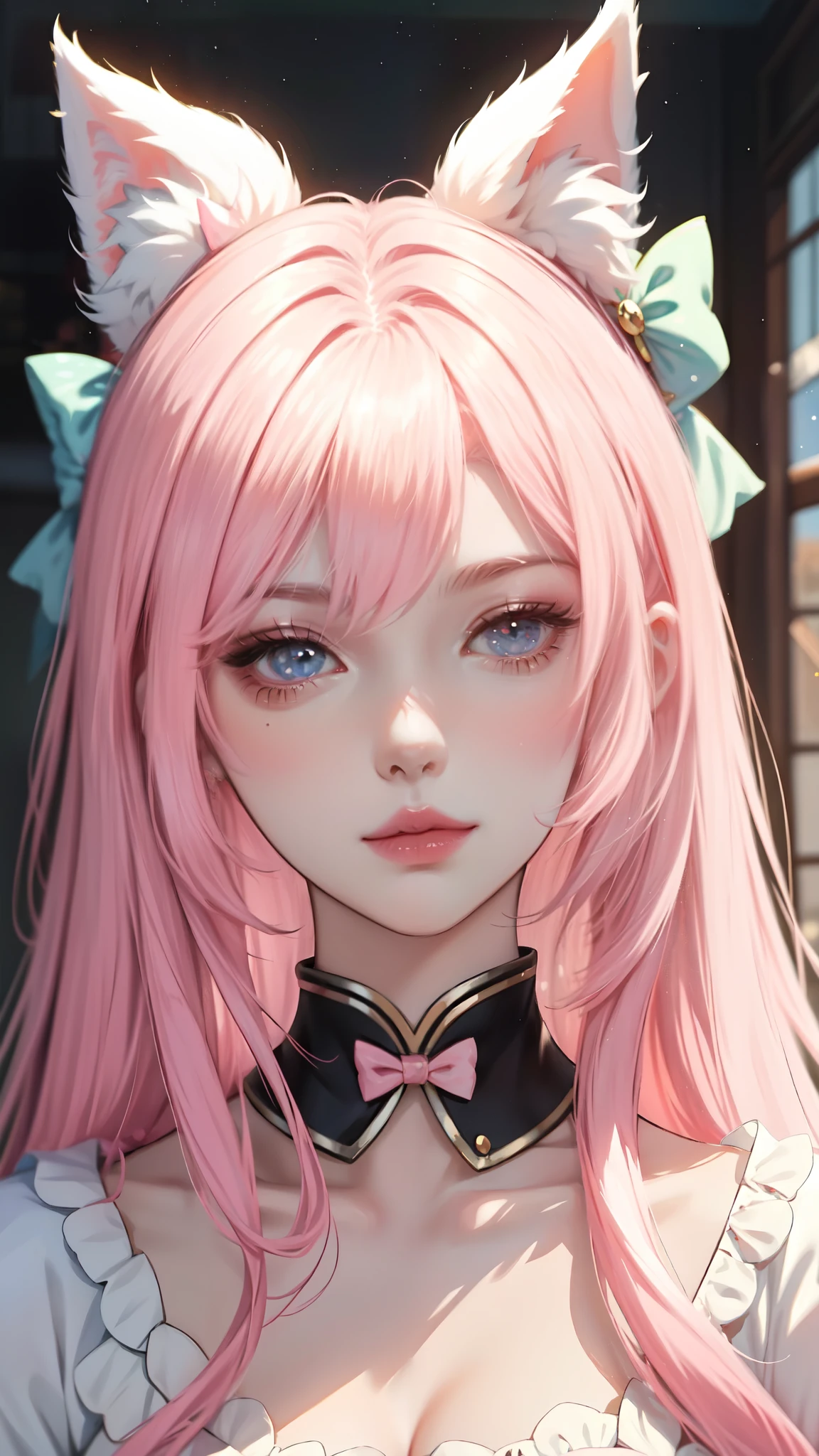 masterpiece, best quality, highly detailed, high resolution, expensive resolution, high resolution, 4k, 8k, uniform 8k wallpaper, highly detailed CG, masterpiece, 2d, 3d, beautiful details, depth, fine texture, best quality: 1.3, perfectly focused, sharp. skin, him, very cute anime girl, cute 20s girl in idol outfit, big , pink medium long hair in expensive clothes, mole under eye, looking at the viewer, expensive, blush, mole, open lips, pink eyes, smiling heart shaped choker, dome concert