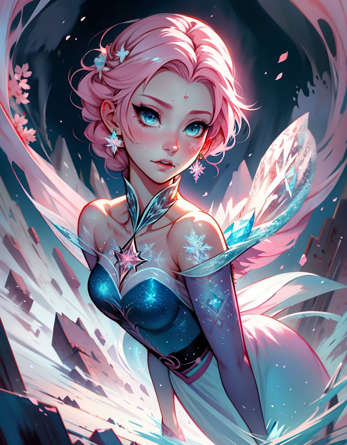 1 mulher, fantasiada de Elsa, strong emotions, sakura,pink hair, cabelo curto, luz, foco, frozen, como elza de frozen , corpo inteiro, solo, magia ao seu redor. illustration! from head to toe, vestido azul,neve,