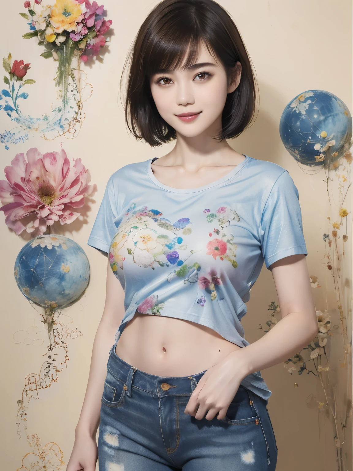 156
(Shorthair:1.46), (a 20 yo woman, standing), (A hyper-realistic), (Masterpiece), (8KUHD), (gentle smile), Slender waist, Wearing jeans, ((Floral Clothing - T-Shirts)), Wearing long pants, abstract splash painting, (doodle:1.46), (breasts:1.46), (口紅)