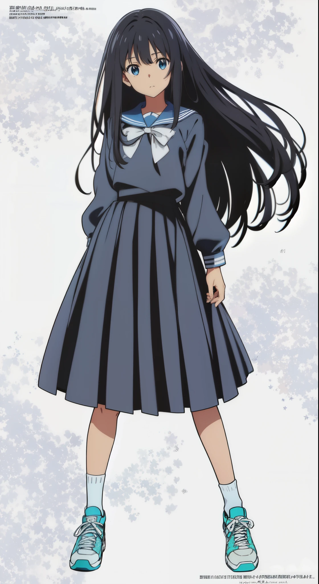 (white background:1.0), (best quality:1.0), (masterpiece:1.0), (super fine illustration:1.0), (beautiful artwork:1.0), (anime screencap:1.0), (official art:1.0), (full body:1.0), (solo:1.0), (a 15yo cute girl:1.0), (long skirt:1.0), (dark blue skirt:1.0), (pleated skirt:1.0), (dark blue sailor uniform:1.0), (long sleeve sailor uniform:1.0), (sneakers:1.0), (white socks:1.0), (ideal ratio body proportions:1.0), (lanky:1.0), (tall:1.0), (slender:1.0), (small breasts:1.0), (smaller face:1.0), (tareme:1.0), (detailed beautiful eyes:1.0), (detailed beautiful face:1.0), (glowing black eyes:1.0), (medium hair:1.0), (black hair:1.0), (standing:1.0), (looking at viewer:1.0)