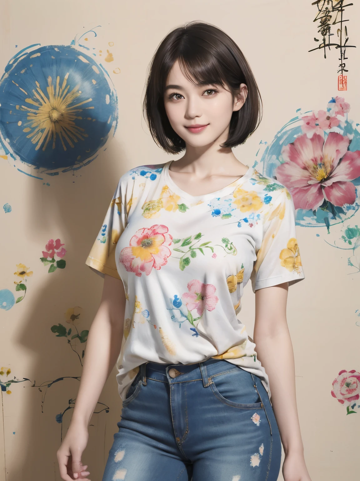 156
(Shorthair:1.46), (a 20 yo woman, standing), (A hyper-realistic), (Masterpiece), (8KUHD), (gentle smile), Slender waist, Wearing jeans, ((Floral Clothing - T-Shirts)), Wearing long pants, abstract splash painting, (doodle:1.46), (breasts:1.46), (口紅)