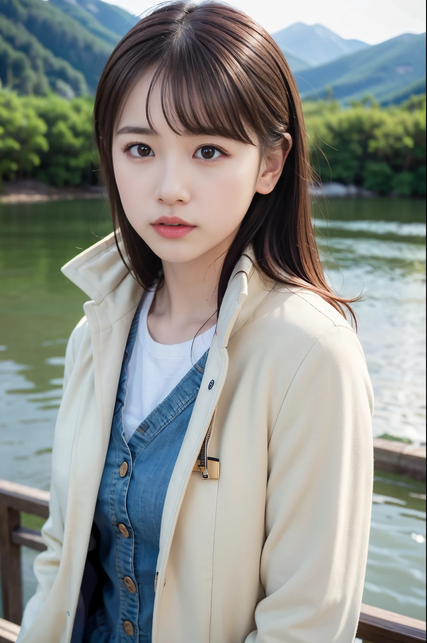 (8K, RAW photo, highest quality, masterpiece:1.3), (realistic, photo-realistic:1.4), (Highly detailed 8K wallpaper), sharp focus, Depth of written boundary,
japanese idol,very cute, (coat:1.3),(straight here : 1.4), Upper body, highly detailed face and eyes,((shiny skin:1.2)), cinematic lighting, soft light, blur background,(Mountains bathed in the morning sun with a lake in the foreground)