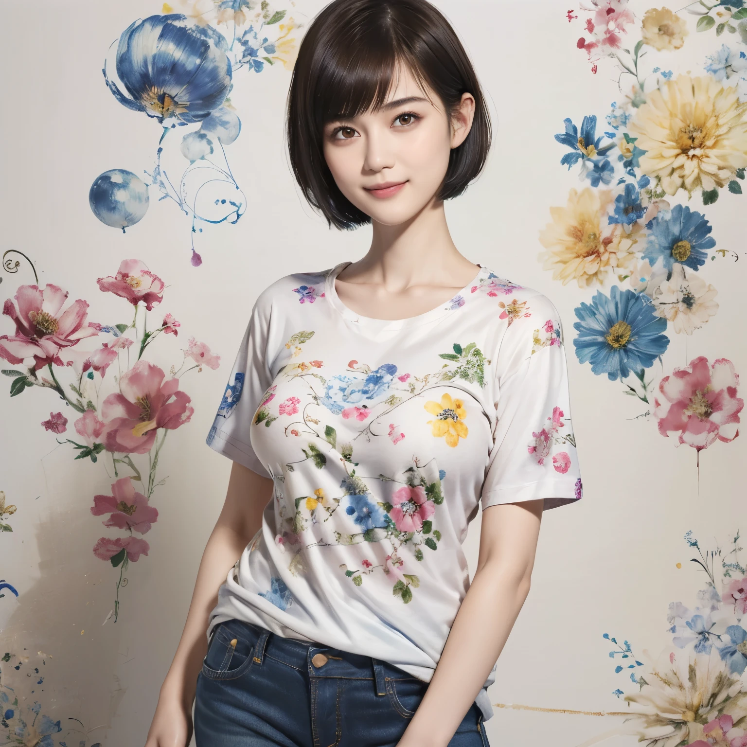 156
(Shorthair:1.46), (a 20 yo woman, standing), (A hyper-realistic), (Masterpiece), (8KUHD), (gentle smile), Slender waist, Wearing jeans, ((Floral Clothing - T-Shirts)), Wearing long pants, abstract splash painting, (doodle:1.46), (breasts:1.46), (口紅)