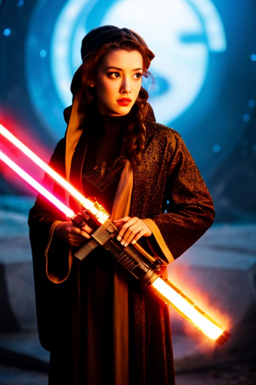 Disney princess from Frozen dressed in Sith clothes and holding a red Star Wars style lightsaber in her hands, with war spaceships in the background