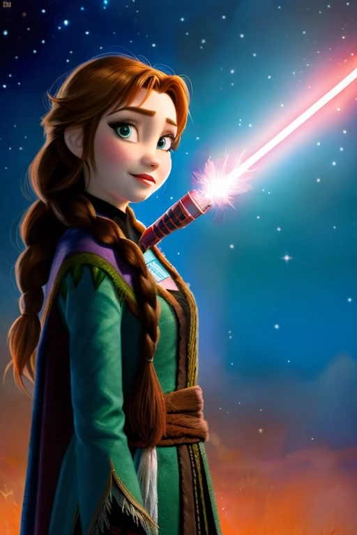 Disney princess from Frozen dressed in Sith clothes and holding a red Star Wars style lightsaber in her hands, with war spaceships in the background