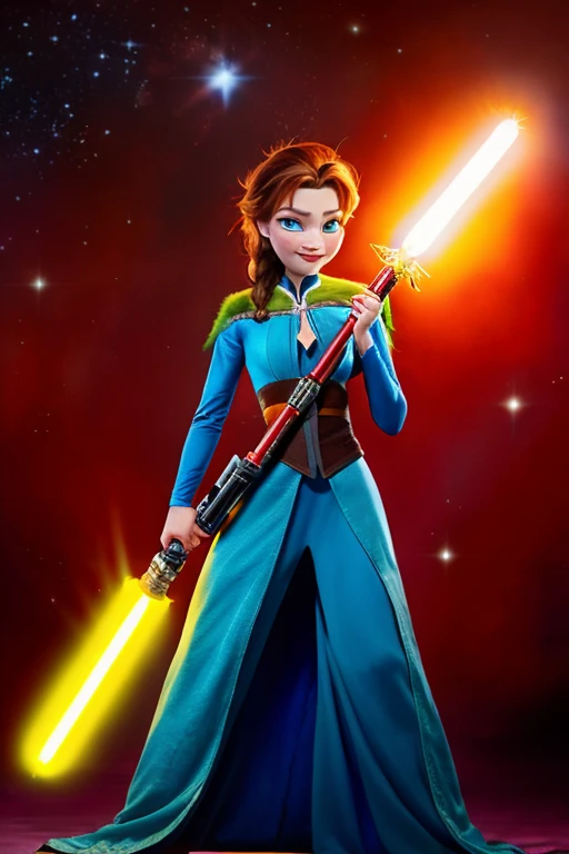 Disney princess from Frozen dressed in Sith clothes and holding a red Star Wars style lightsaber in her hands, with war spaceships in the background