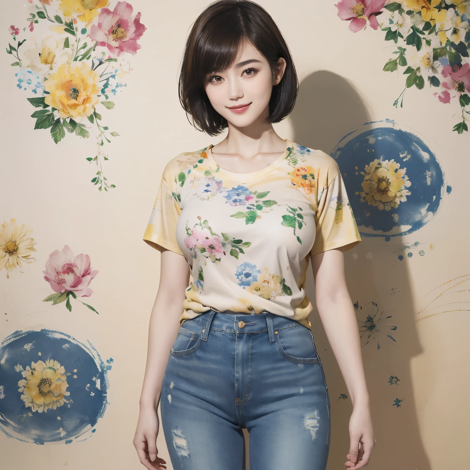 156
(Shorthair:1.46), (a 20 yo woman, standing), (A hyper-realistic), (Masterpiece), (8KUHD), (gentle smile), Slender waist, Wearing jeans, ((Floral Clothing - T-Shirts)), Wearing long pants, abstract splash painting, (doodle:1.46), (breasts:1.46), (口紅)