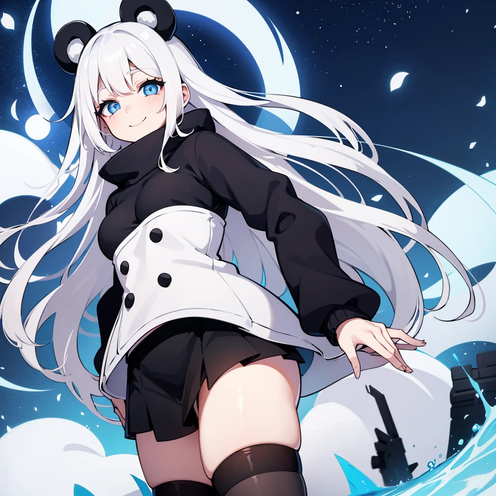 Young pretty girl with sweet smile and panda ears, white hair and blue eyes, Perfect body and a black white sweater and a skirt, Hintergrund soll stadt mit Nachthimmel wo man Sterne und den Mond sieht