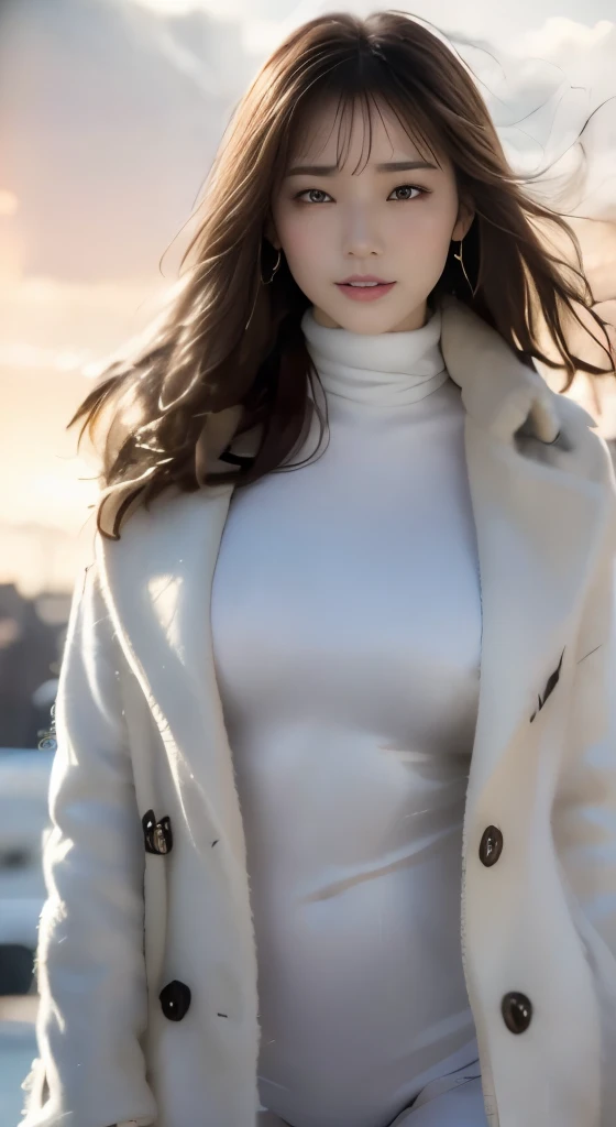 ((master piece, 32K,8K,wallpaper, High resolution, stupid reply,RAW photography,)),(Realistic:1.5),(movie lighting),(Detailed fingers),(high detail skin:1.lettie's eyes),1 huge breasts,alone, winter, Yuki, fur collar trench coat, high neck sweater, , lace pantyhose,(Huge grabbed),twilight,Rosy clouds,Wind,Hair flies,
