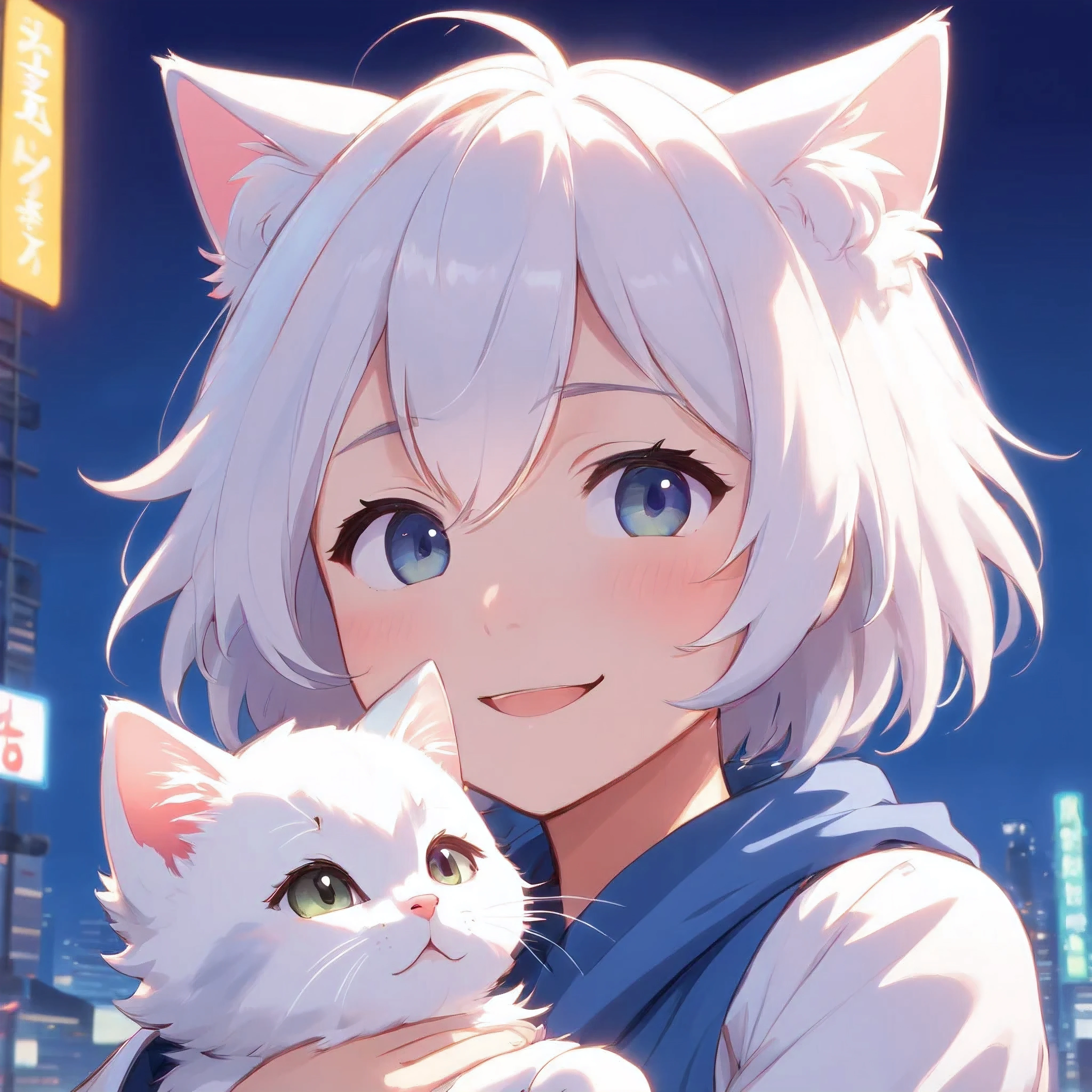 white hair、fluffy fur、White kitten、Vigorous、Kittens who like anime、,, Furry animals,Instagram icon、The cuteness that everyone looks back at、1 boy、a kitten、A smile cheers everyone up、