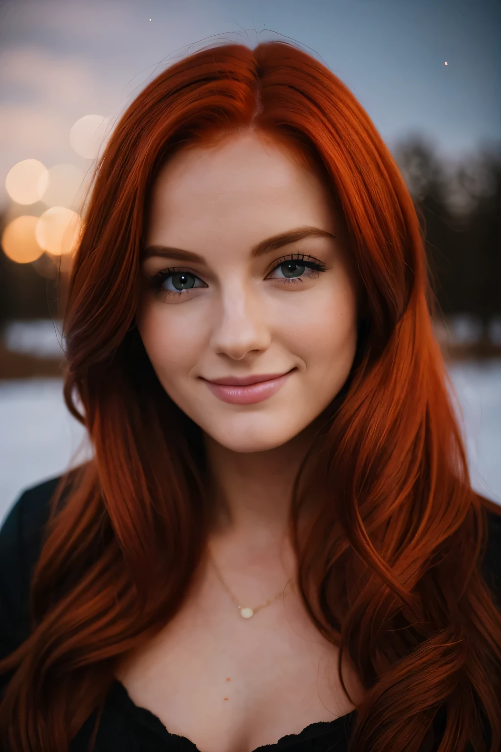 night photography, in the countryside, under the winter starry sky,
1 gorgeous woman with red hair, long red hair,
23 ans,
subtle smile,
flirts with the camera,
she’s a model, sensual pose,
(European girl:1.2),
(Realistic hair:1.2),
(realistic eyes:1.2),
(Beauty face:1.3),
perfect body,
perfect hands, perfect breast,
Kodak gold 200,
National Geographic style, medium shot,
Best quality, ultra highres, (photoreallistic:1.4), 8k,