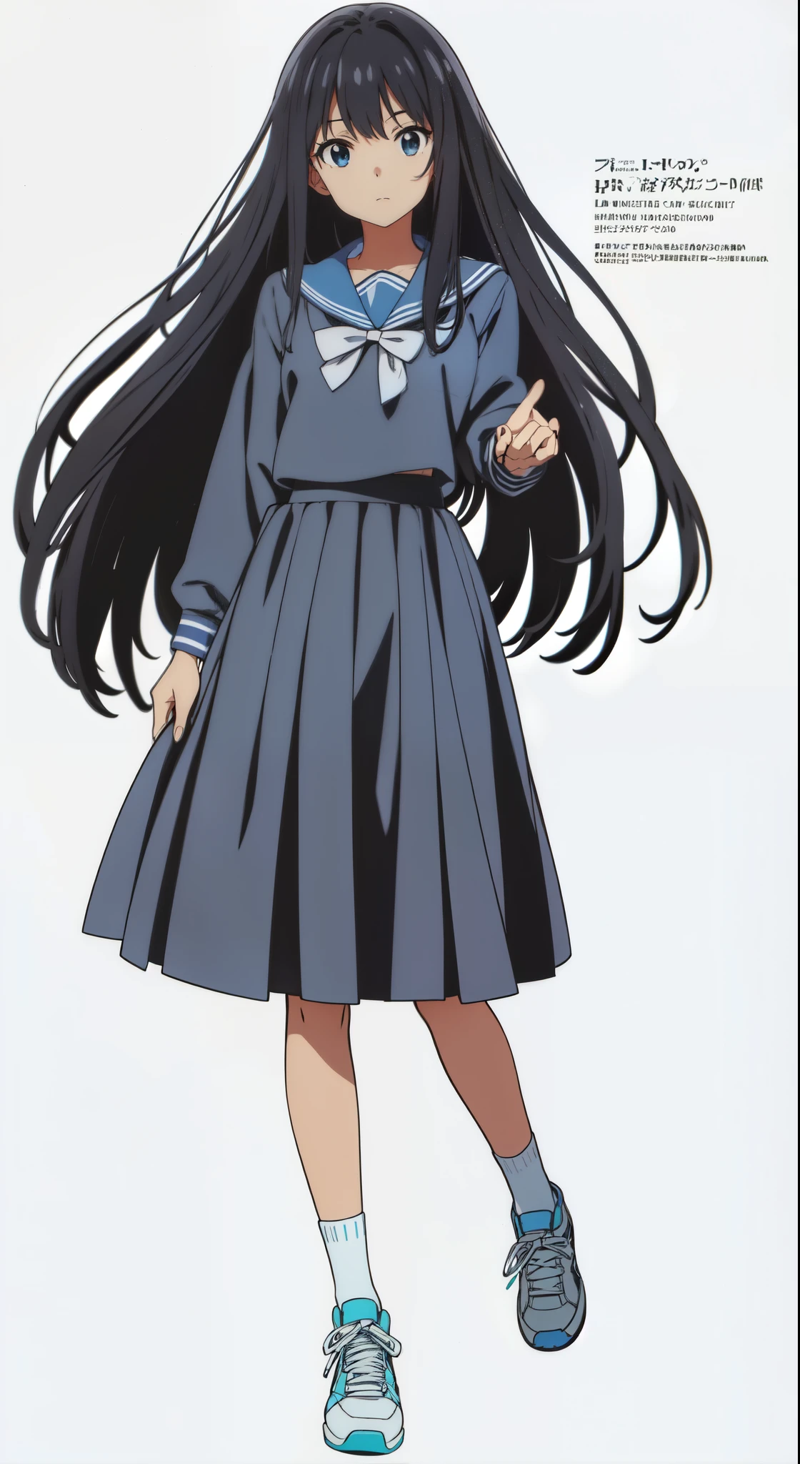(white background:1.0), (best quality:1.0), (masterpiece:1.0), (super fine illustration:1.0), (beautiful artwork:1.0), (anime screencap:1.0), (official art:1.0), (full body:1.0), (solo:1.0), (a cute girl:1.0), (long skirt:1.0), (dark blue skirt:1.0), (pleated skirt:1.0), (dark blue sailor uniform:1.0), (long sleeve sailor uniform:1.0), (sneakers:1.0), (white socks:1.0), (ideal ratio body proportions:1.0), (lanky:1.0), (tall:1.0), (slender:1.0), (small breasts:1.0), (smaller face:1.0), (tareme:1.0), (detailed beautiful eyes:1.0), (detailed beautiful face:1.0), (glowing black eyes:1.0), (medium hair:1.0), (black hair:1.0), (standing:1.0), (looking at viewer:1.0)