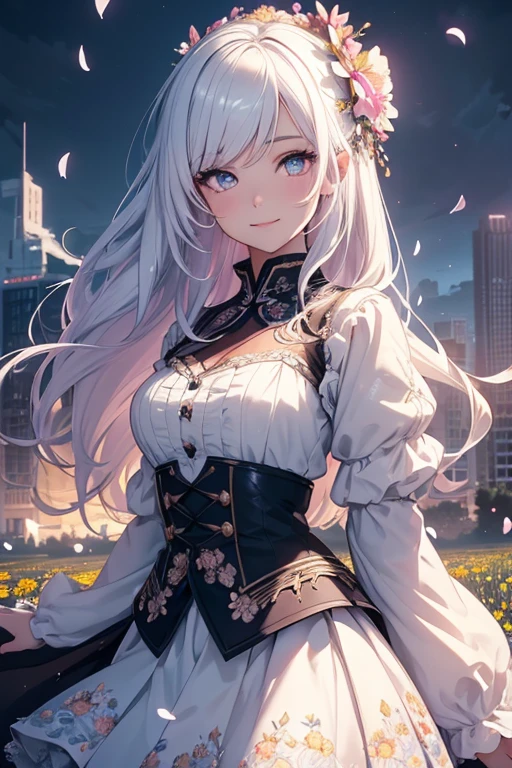 masterpiece, best quality, 1girl, (colorful),(finely detailed beautiful eyes and detailed face),cinematic lighting,bust shot,extremely detailed CG unity 8k wallpaper,white hair,solo,smile,intricate skirt,((flying petal)),(Flowery meadow) sky, cloudy_sky, building, moonlight, moon, night, (dark theme:1.3), light, fantasy,