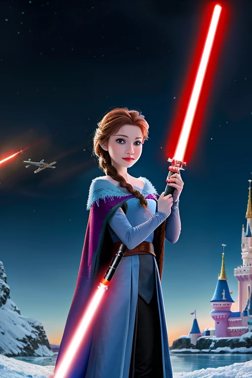 Disney princess from Frozen dressed in Sith clothes and holding a red Star Wars style lightsaber in her hands, with war spaceships in the background