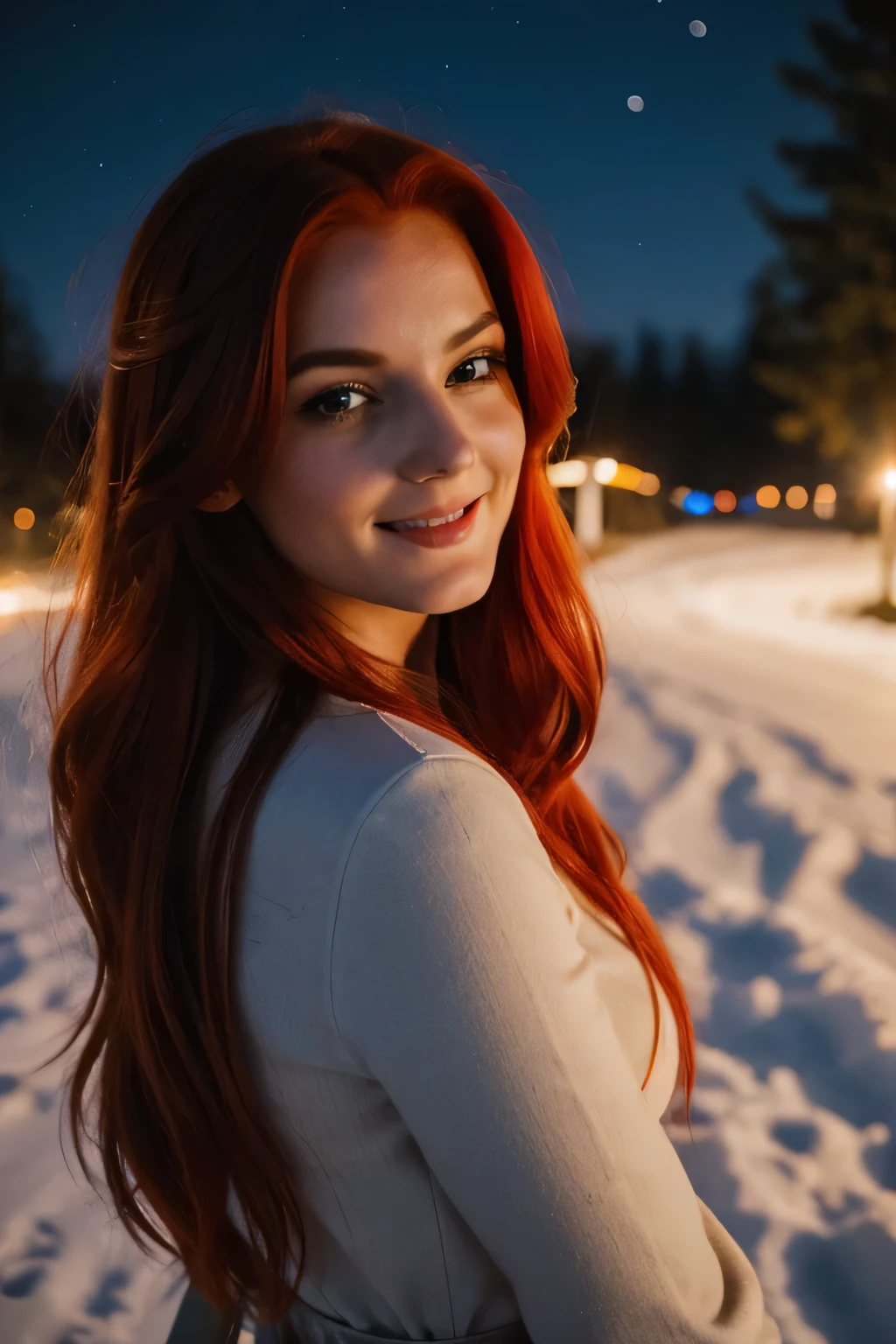 night photography, in the countryside, under the winter starry sky,
1 gorgeous woman with red hair, long red hair,
23 ans,
subtle smile,
flirts with the camera,
she’s a model, sensual pose,
(European girl:1.2),
(Realistic hair:1.2),
(realistic eyes:1.2),
(Beauty face:1.3),
perfect body,
perfect hands, perfect breast,
Kodak gold 200,
National Geographic style, medium shot,
Best quality, ultra highres, (photoreallistic:1.4), 8k,