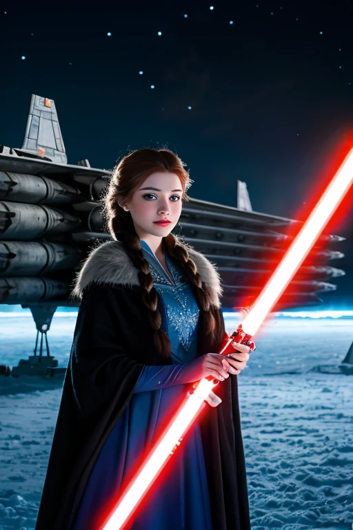 Disney princess from Frozen dressed in Sith clothes and holding a red Star Wars style lightsaber in her hands, with war spaceships in the background